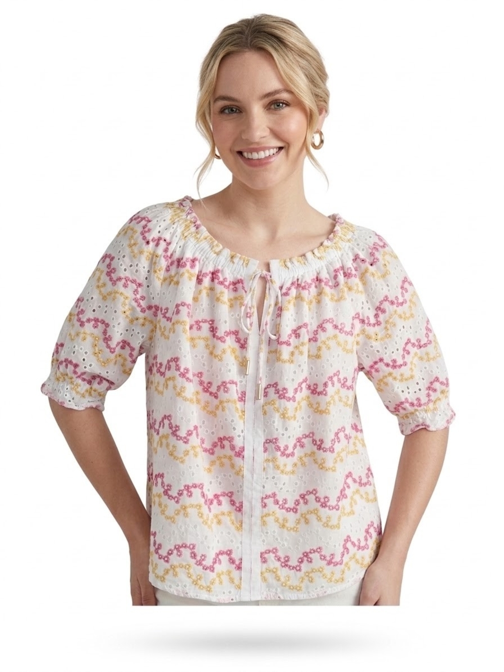 Tommy Hilfiger White Eyelet Peasant Blouse with Pink & Yellow Floral Print